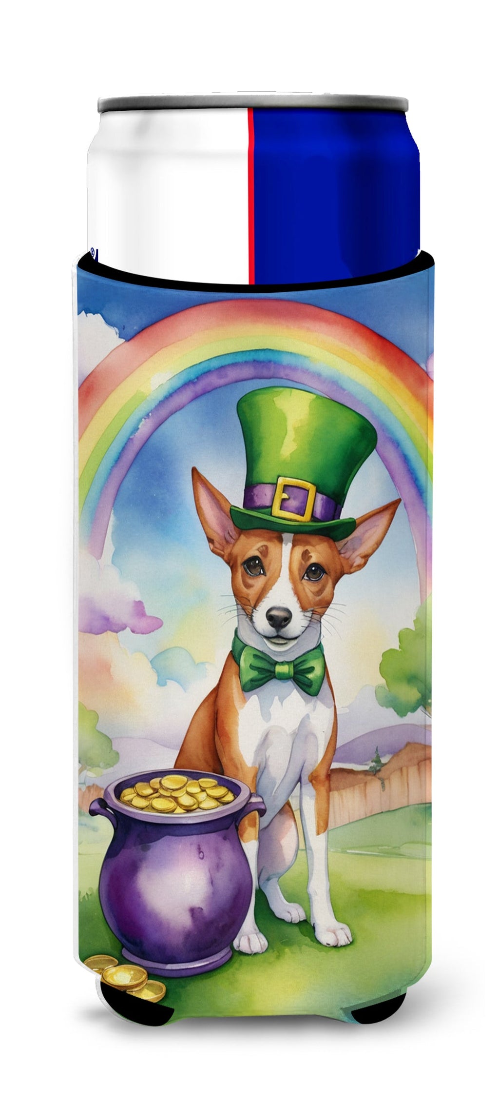 Basenji St Patrick's Day Slim Can Hugger , Insulated Foam Hugger for 12 oz Slim Cans, Beer Bottles & Water Bottles, Printed in USA