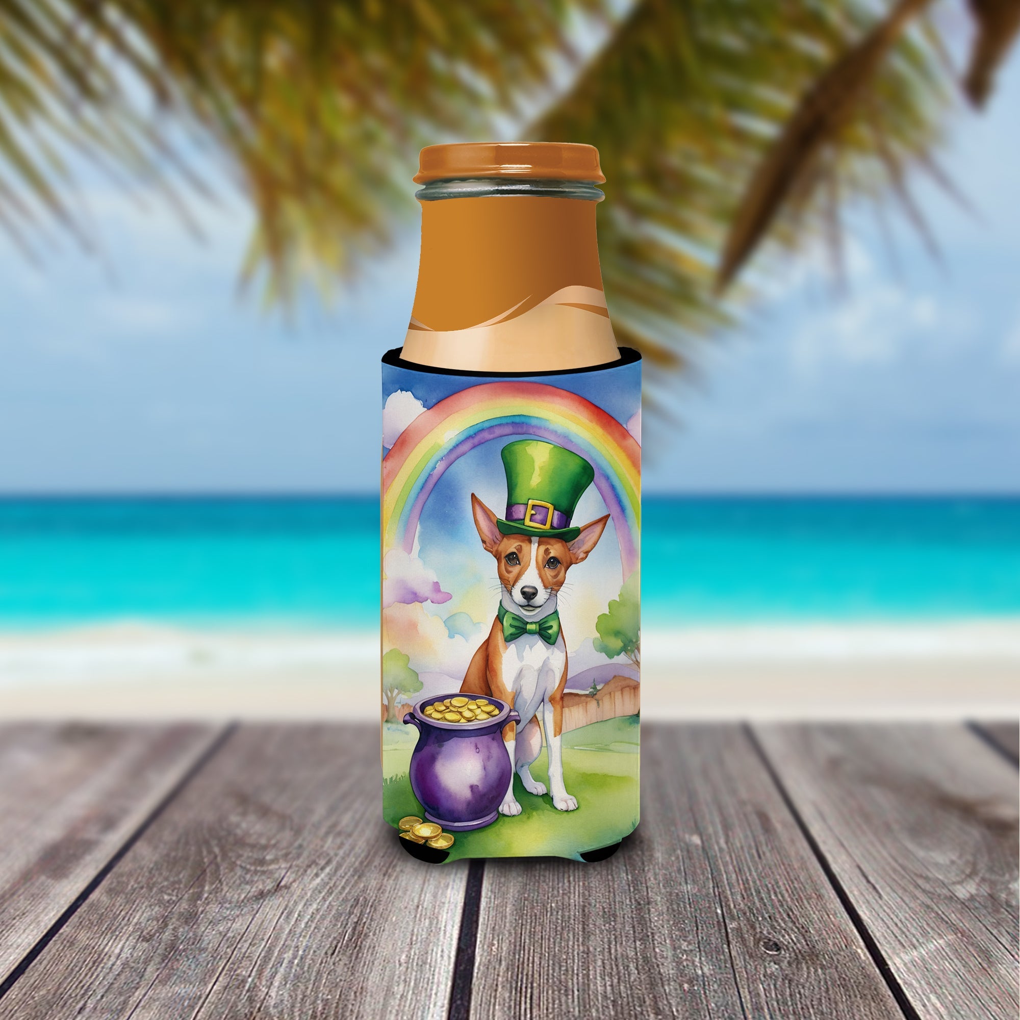 Basenji St Patrick's Day Slim Can Hugger , Insulated Foam Hugger for 12 oz Slim Cans, Beer Bottles & Water Bottles, Printed in USA