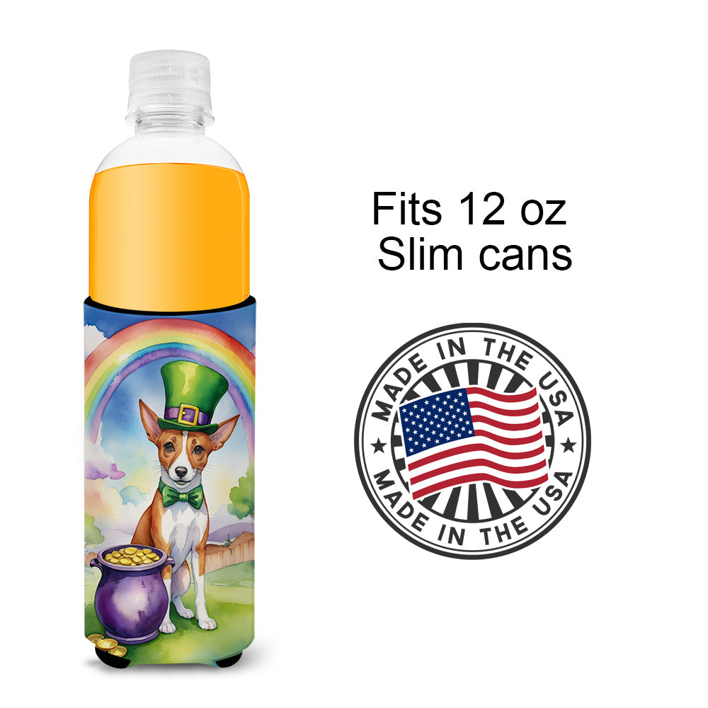 Basenji St Patrick's Day Slim Can Hugger , Insulated Foam Hugger for 12 oz Slim Cans, Beer Bottles & Water Bottles, Printed in USA