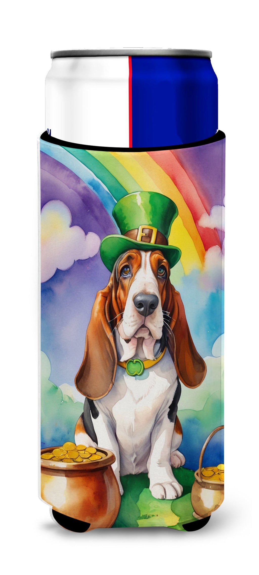 Basset Hound St Patrick's Day Slim Can Hugger , Insulated Foam Hugger for 12 oz Slim Cans, Beer Bottles & Water Bottles, Printed in USA
