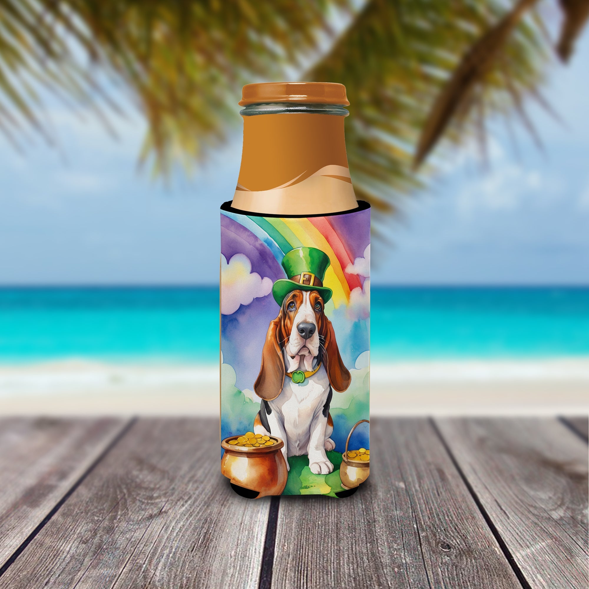 Basset Hound St Patrick's Day Slim Can Hugger , Insulated Foam Hugger for 12 oz Slim Cans, Beer Bottles & Water Bottles, Printed in USA