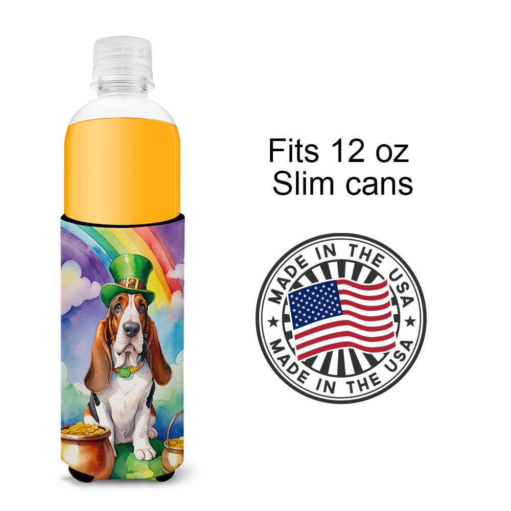 Basset Hound St Patrick's Day Slim Can Hugger , Insulated Foam Hugger for 12 oz Slim Cans, Beer Bottles & Water Bottles, Printed in USA