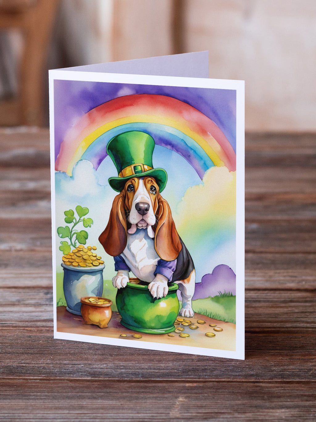 Basset Hound St Patrick's Day Greeting Cards Pack of 8 Blank Cards with Envelopes Whimsical A7 Size 5x7