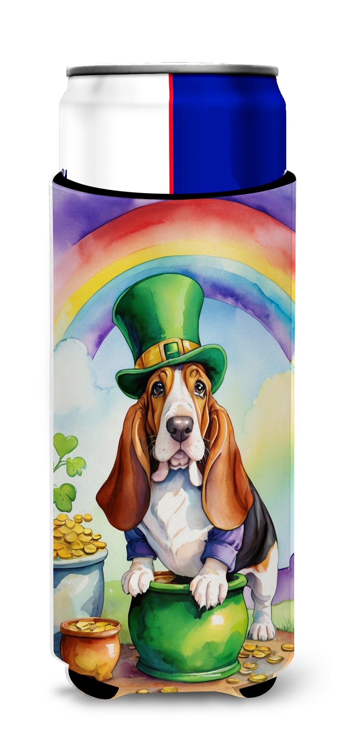 Basset Hound St Patrick's Day Slim Can Hugger , Insulated Foam Hugger for 12 oz Slim Cans, Beer Bottles & Water Bottles, Printed in USA