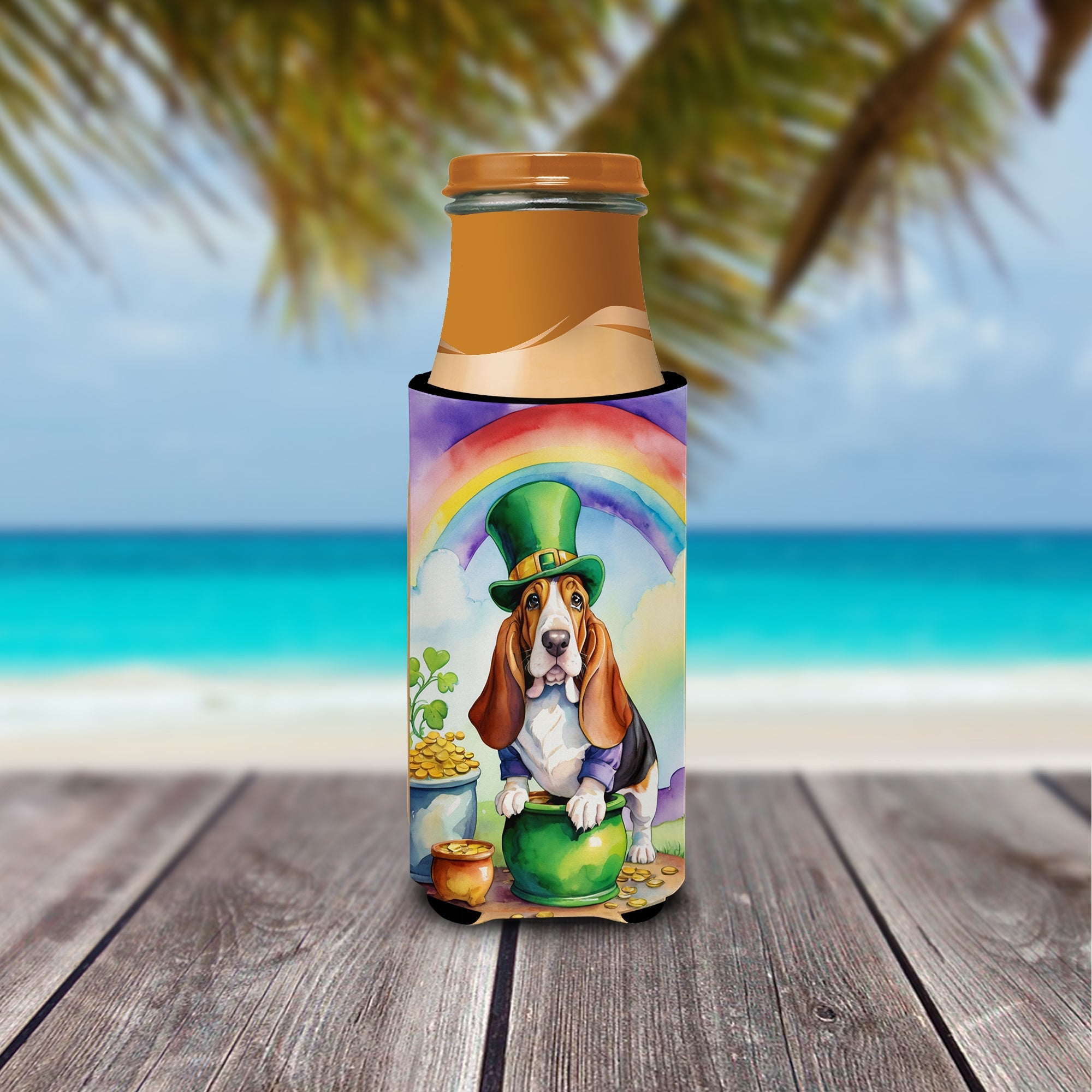 Basset Hound St Patrick's Day Slim Can Hugger , Insulated Foam Hugger for 12 oz Slim Cans, Beer Bottles & Water Bottles, Printed in USA