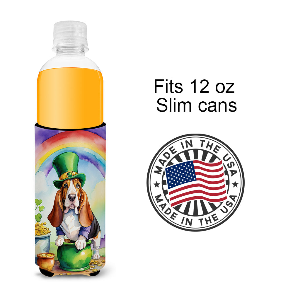 Basset Hound St Patrick's Day Slim Can Hugger , Insulated Foam Hugger for 12 oz Slim Cans, Beer Bottles & Water Bottles, Printed in USA