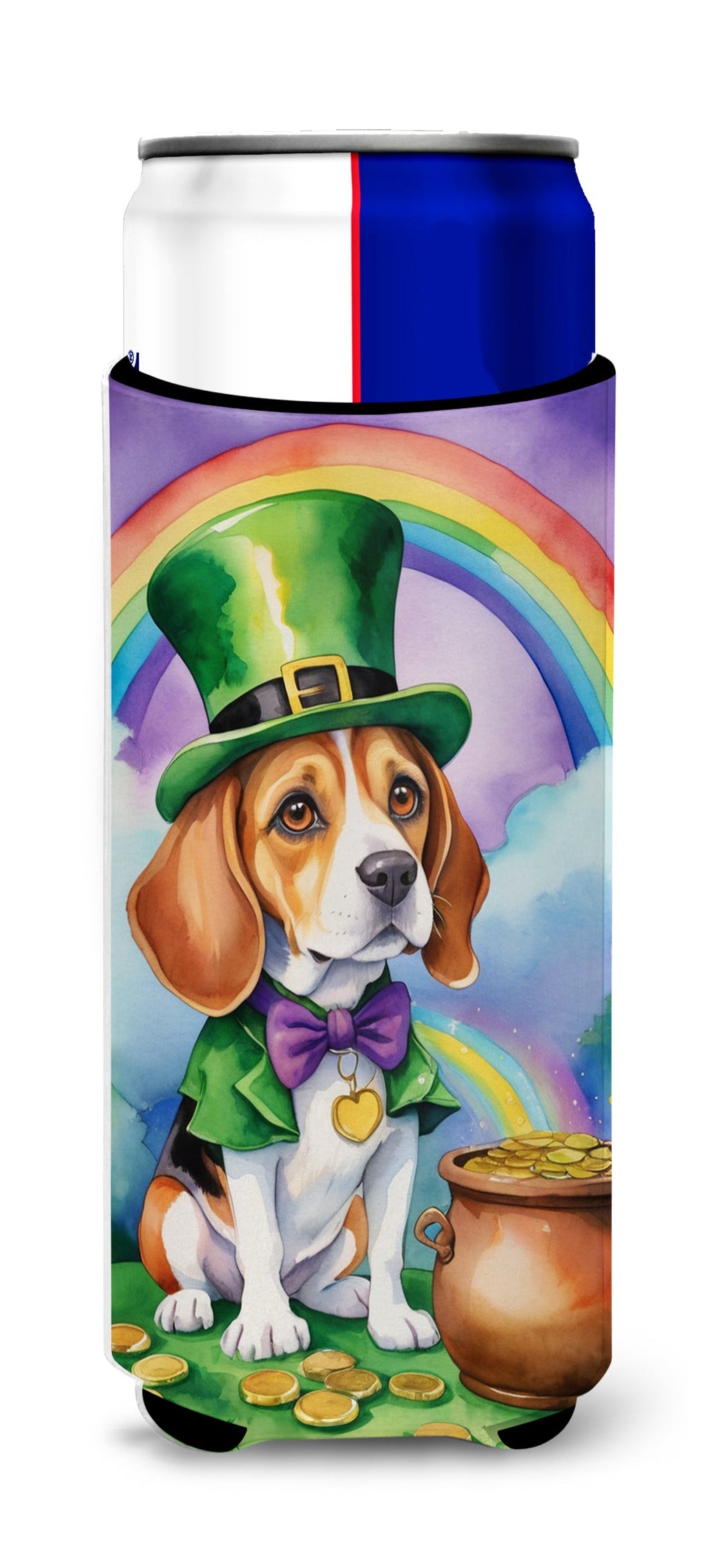 Beagle St Patrick's Day Slim Can Hugger , Insulated Foam Hugger for 12 oz Slim Cans, Beer Bottles & Water Bottles, Printed in USA