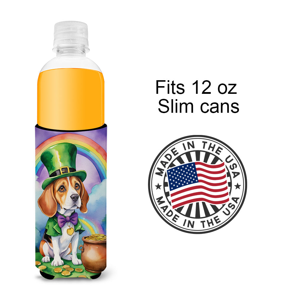 Beagle St Patrick's Day Slim Can Hugger , Insulated Foam Hugger for 12 oz Slim Cans, Beer Bottles & Water Bottles, Printed in USA