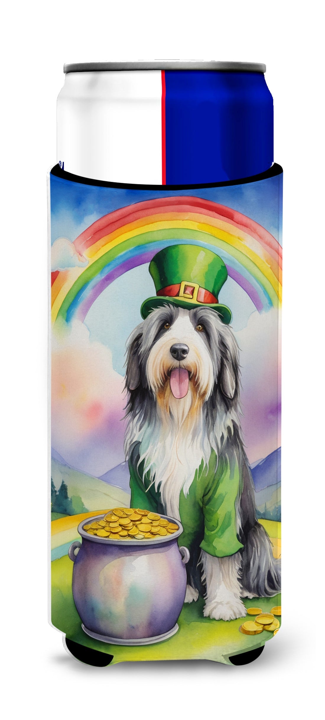 Bearded Collie St Patrick's Day Slim Can Hugger , Insulated Foam Hugger for 12 oz Slim Cans, Beer Bottles & Water Bottles, Printed in USA