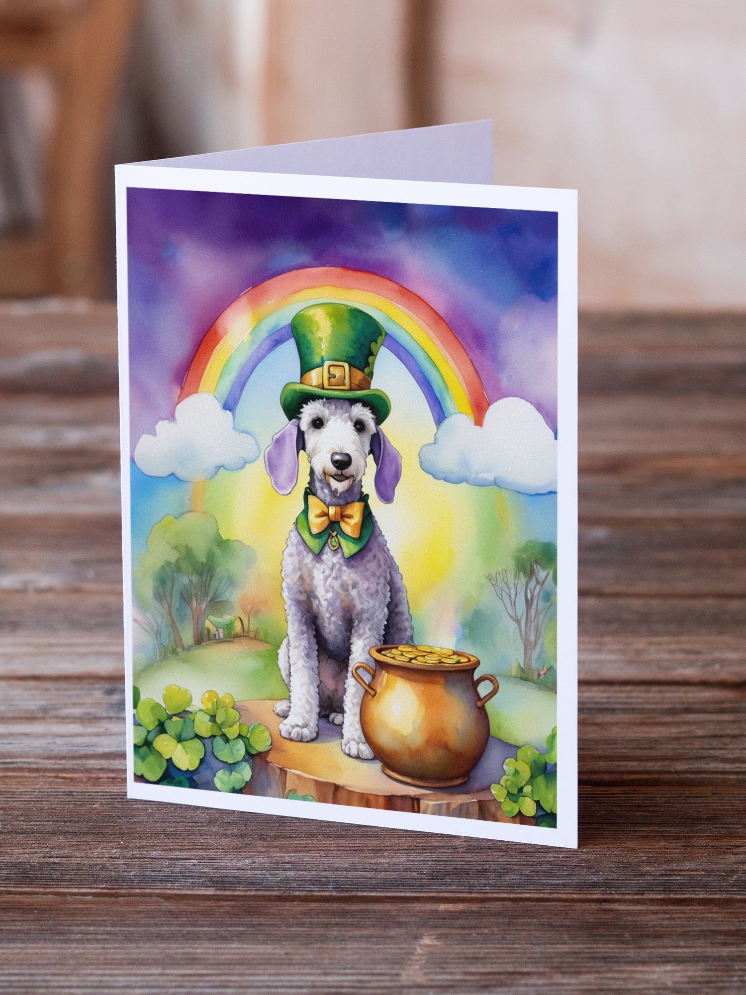 Bedlington Terrier St Patrick's Day Greeting Cards Pack of 8 Blank Cards with Envelopes Whimsical A7 Size 5x7
