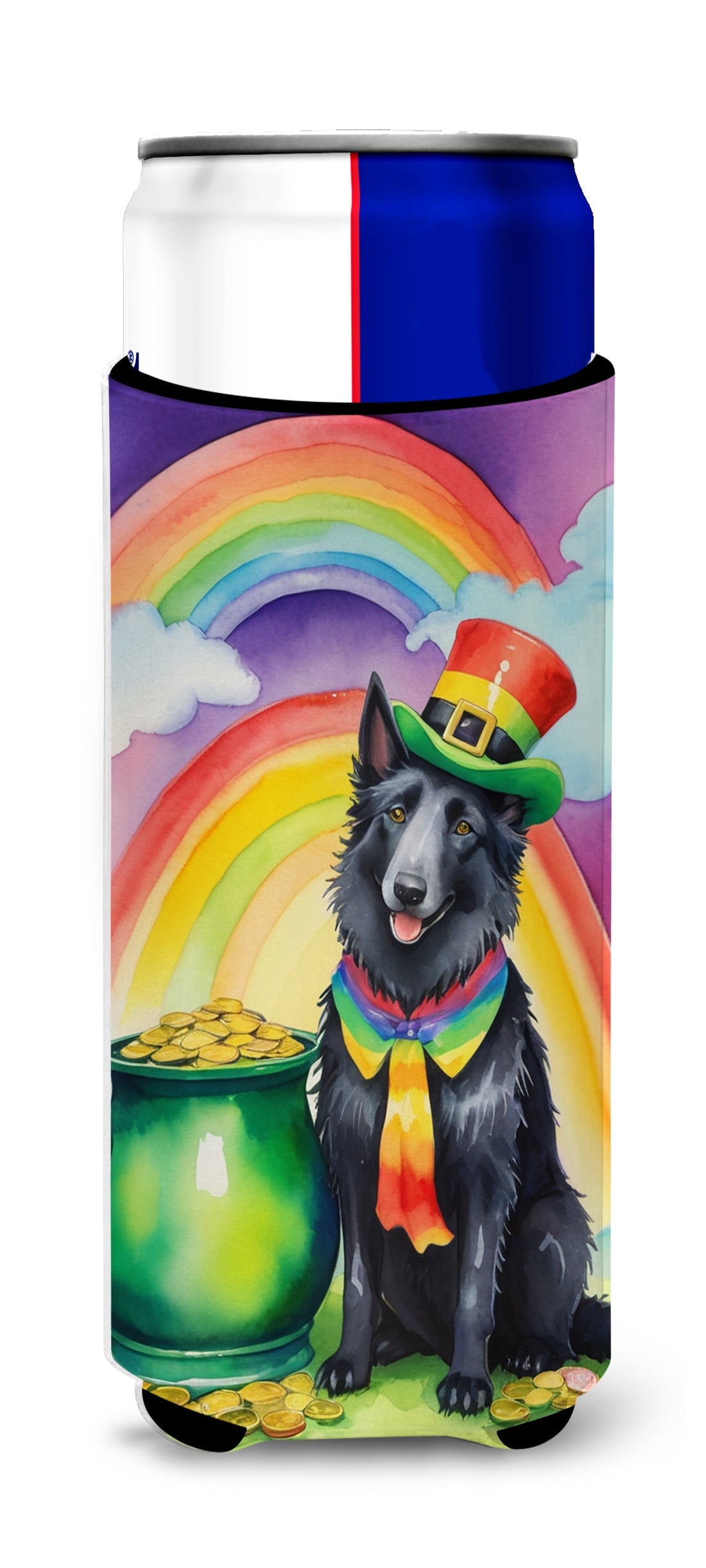 Belgian Sheepdog St Patrick's Day Slim Can Hugger , Insulated Foam Hugger for 12 oz Slim Cans, Beer Bottles & Water Bottles, Printed in USA