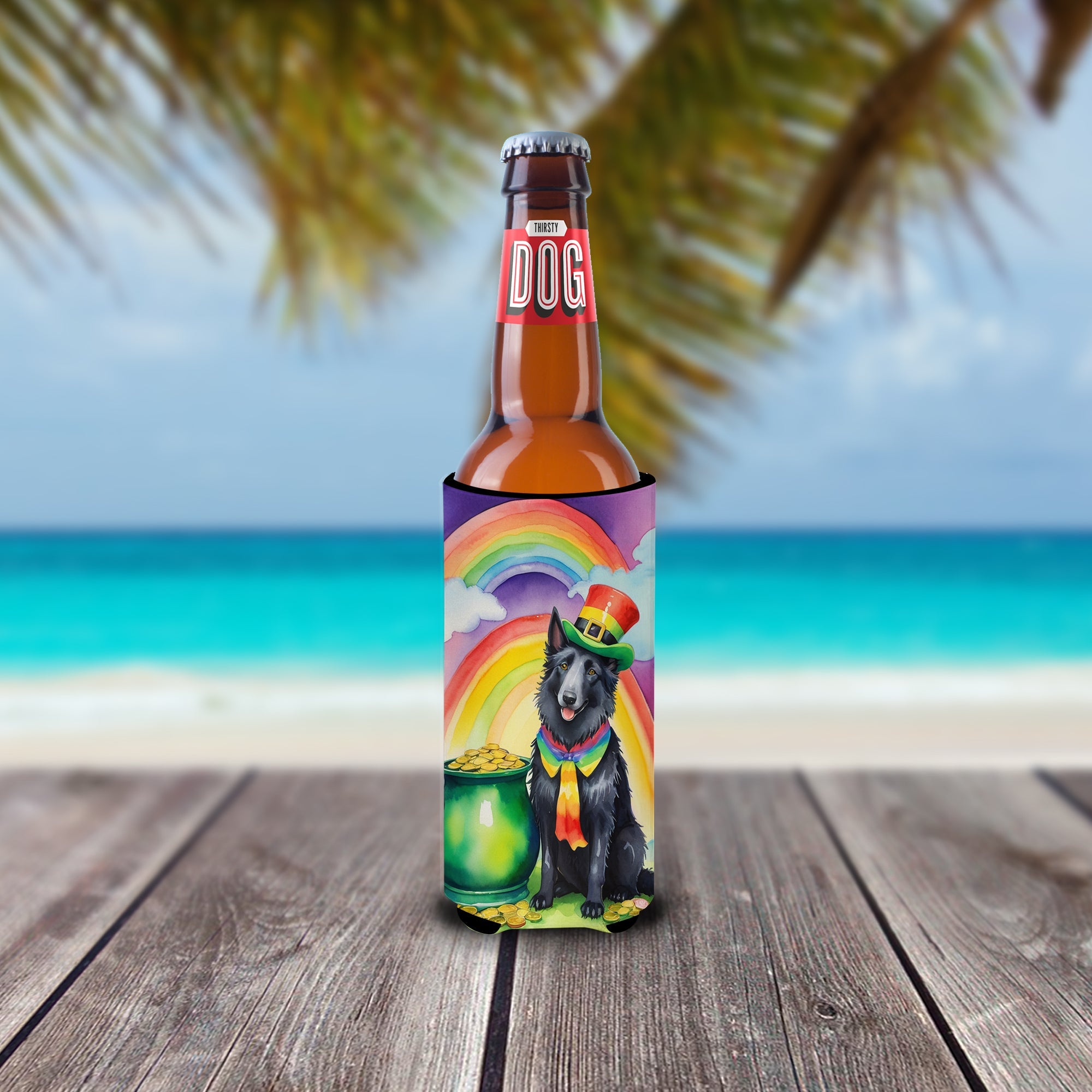 Belgian Sheepdog St Patrick's Day Slim Can Hugger , Insulated Foam Hugger for 12 oz Slim Cans, Beer Bottles & Water Bottles, Printed in USA