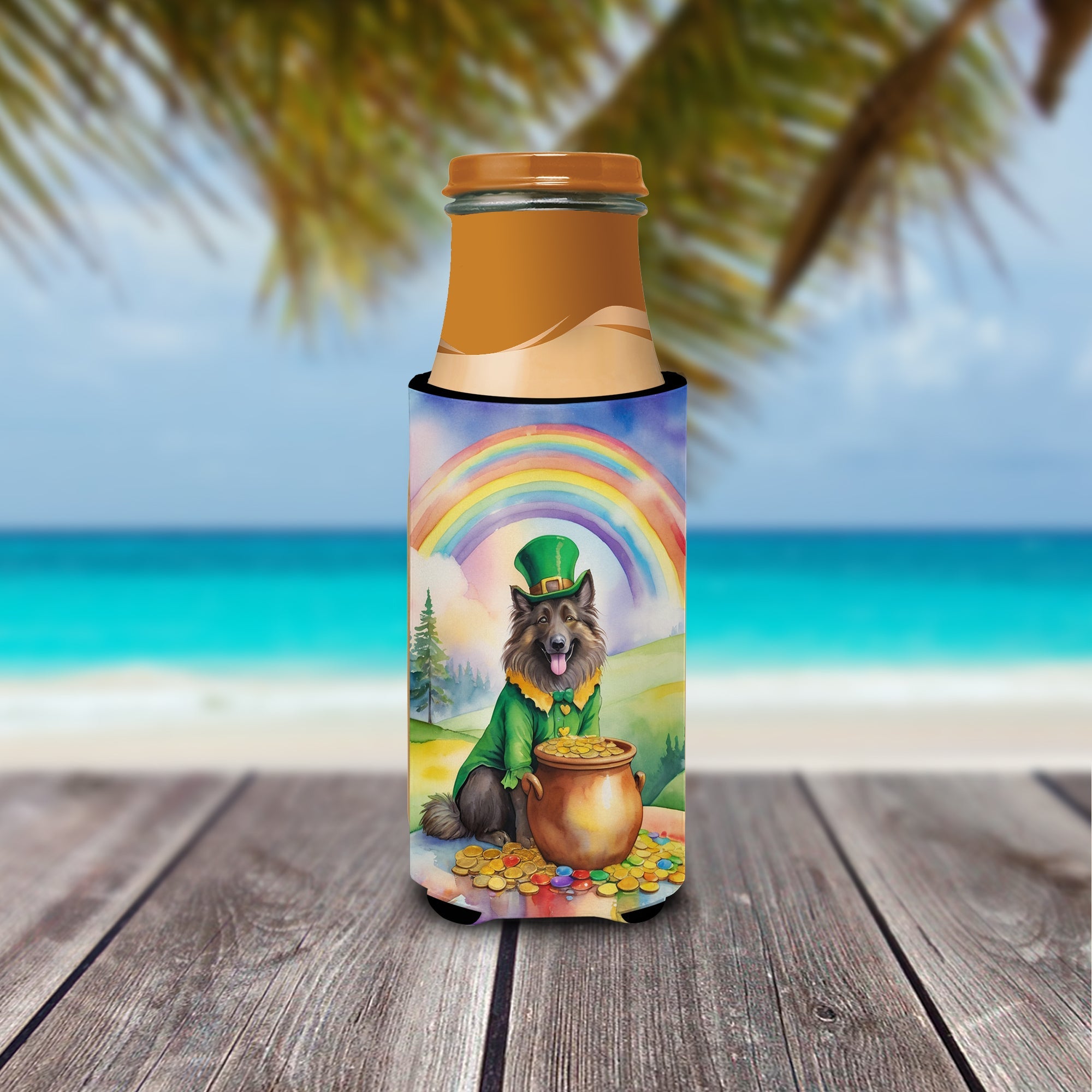Belgian Tervuren St Patrick's Day Slim Can Hugger , Insulated Foam Hugger for 12 oz Slim Cans, Beer Bottles & Water Bottles, Printed in USA