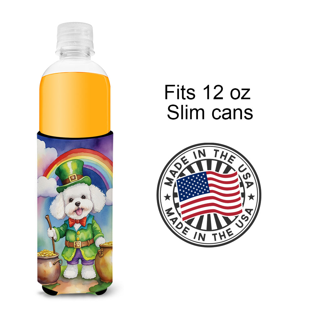 Bichon Frise St Patrick's Day Slim Can Hugger , Insulated Foam Hugger for 12 oz Slim Cans, Beer Bottles & Water Bottles, Printed in USA