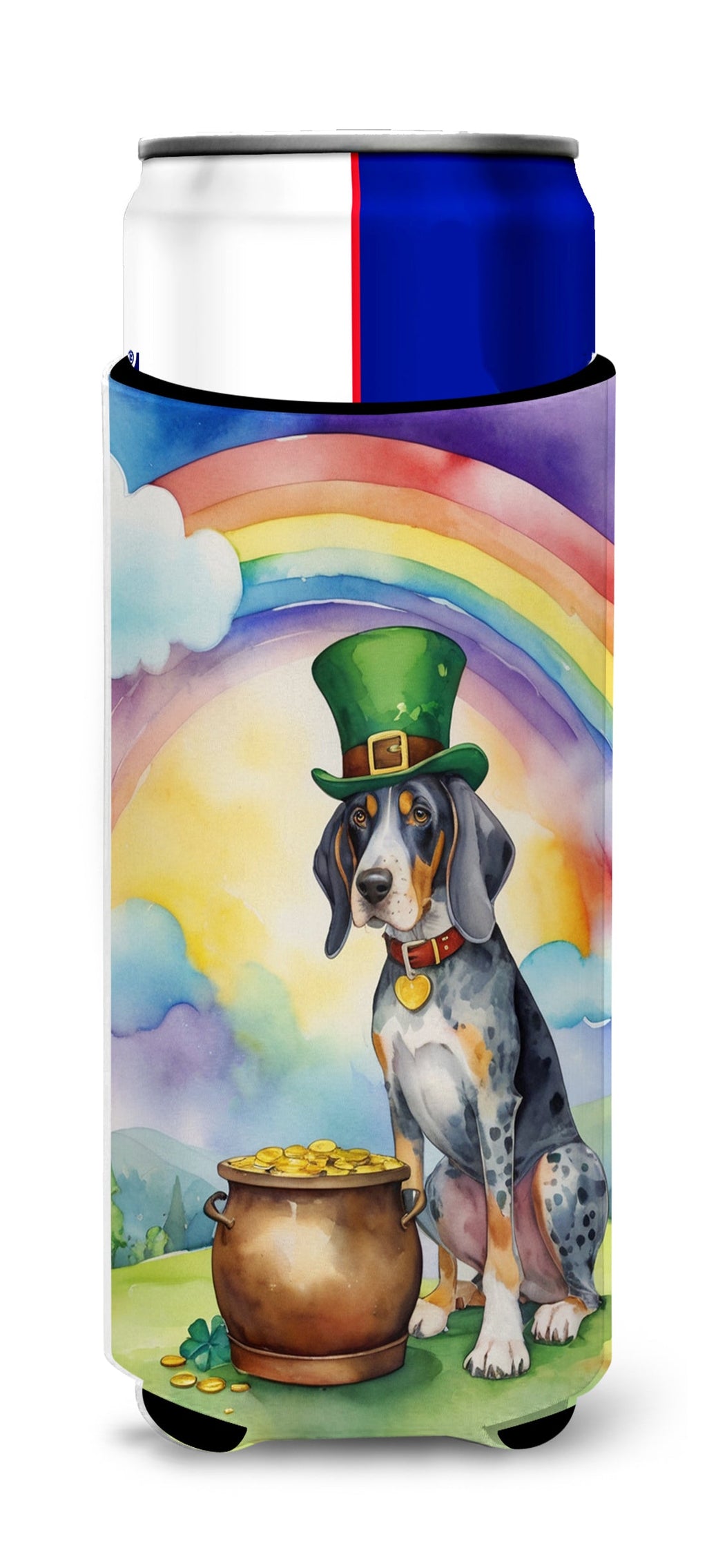 Bluetick Coonhound St Patrick's Day Slim Can Hugger , Insulated Foam Hugger for 12 oz Slim Cans, Beer Bottles & Water Bottles, Printed in USA