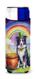 Border Collie St Patrick's Day Slim Can Hugger , Insulated Foam Hugger for 12 oz Slim Cans, Beer Bottles & Water Bottles, Printed in USA