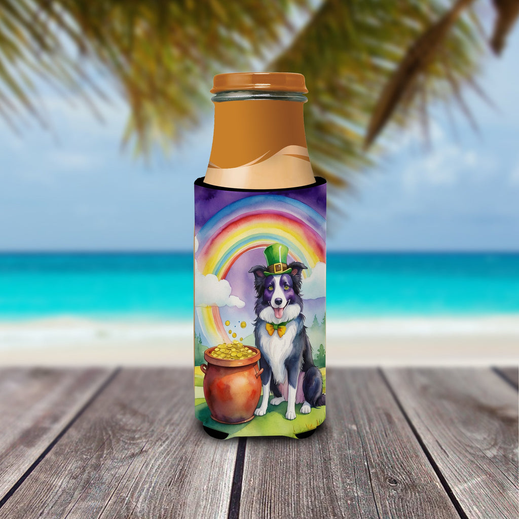 Border Collie St Patrick's Day Slim Can Hugger , Insulated Foam Hugger for 12 oz Slim Cans, Beer Bottles & Water Bottles, Printed in USA