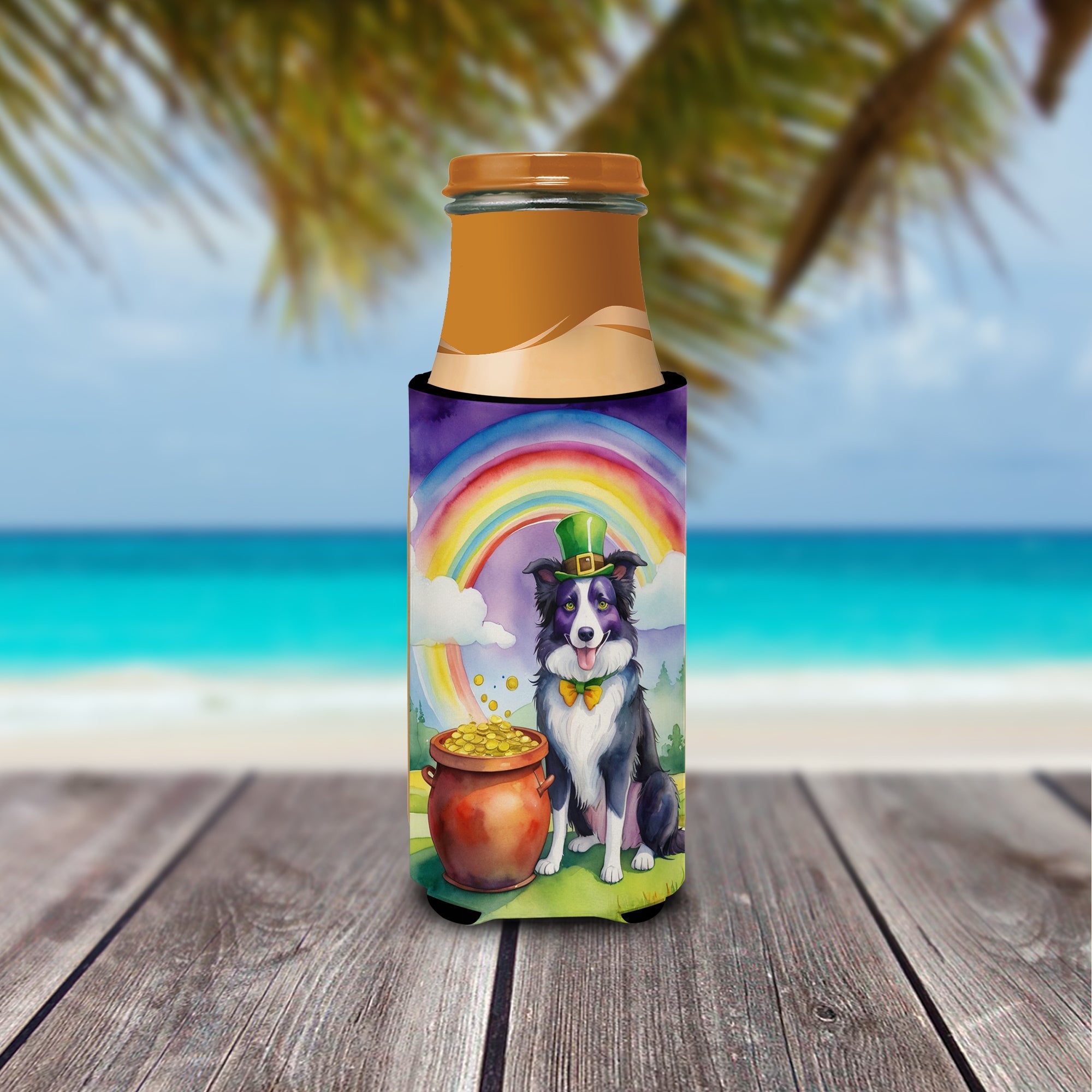 Border Collie St Patrick's Day Slim Can Hugger , Insulated Foam Hugger for 12 oz Slim Cans, Beer Bottles & Water Bottles, Printed in USA