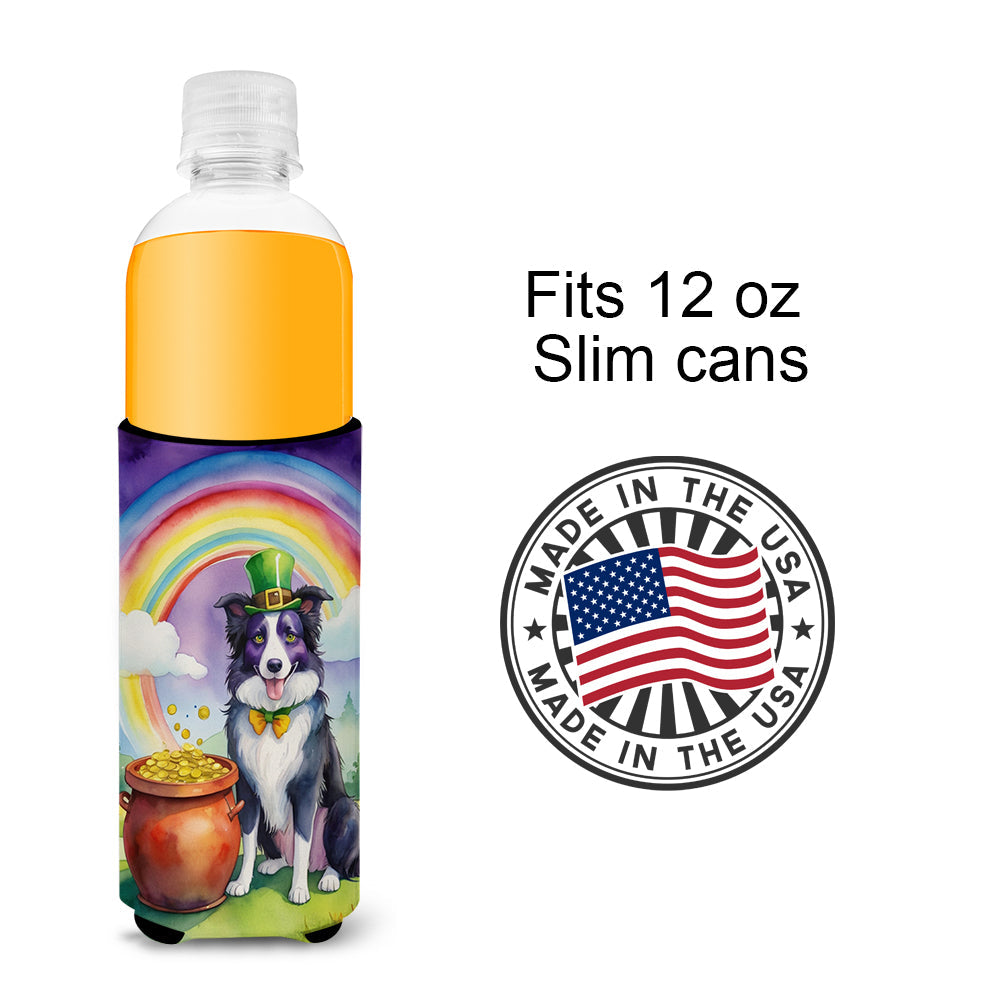 Border Collie St Patrick's Day Slim Can Hugger , Insulated Foam Hugger for 12 oz Slim Cans, Beer Bottles & Water Bottles, Printed in USA