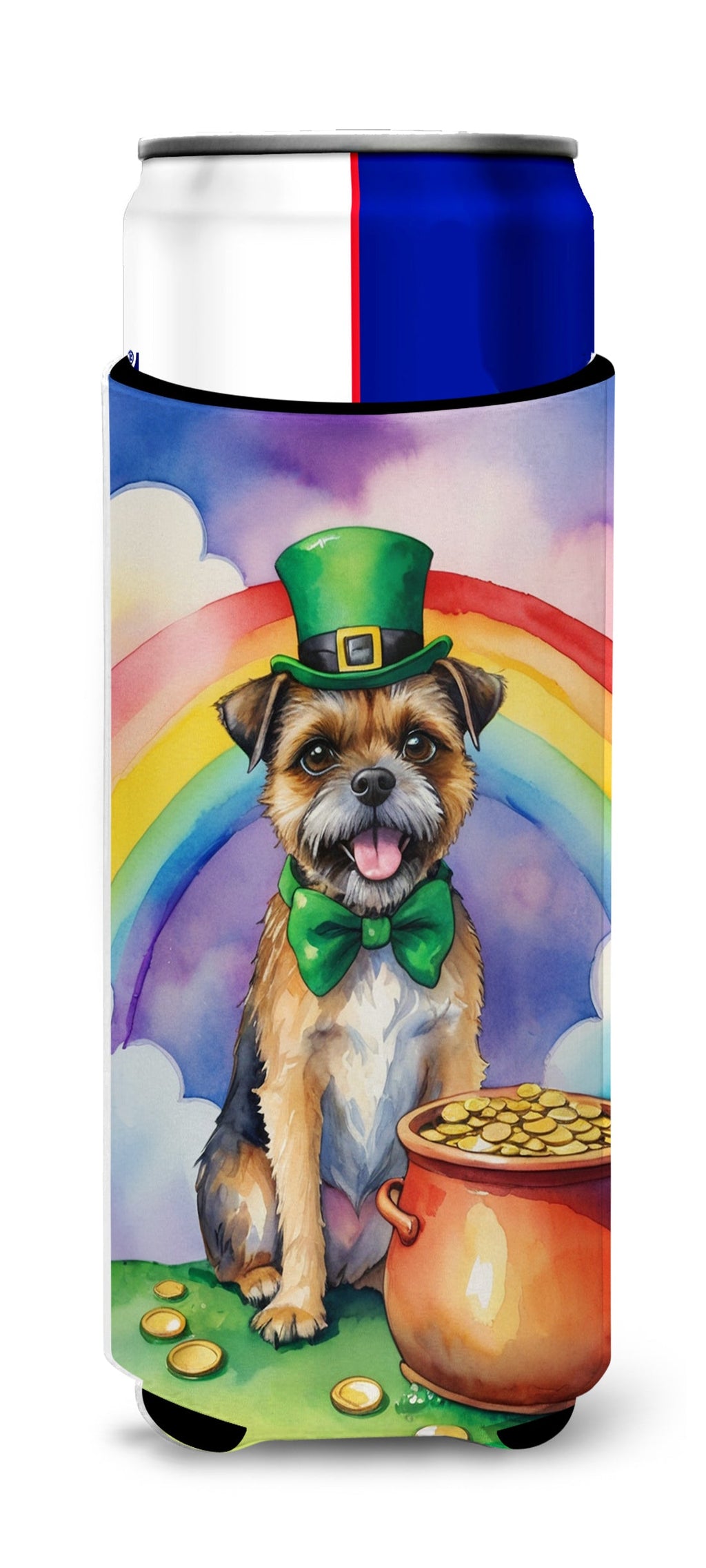 Border Terrier St Patrick's Day Slim Can Hugger , Insulated Foam Hugger for 12 oz Slim Cans, Beer Bottles & Water Bottles, Printed in USA