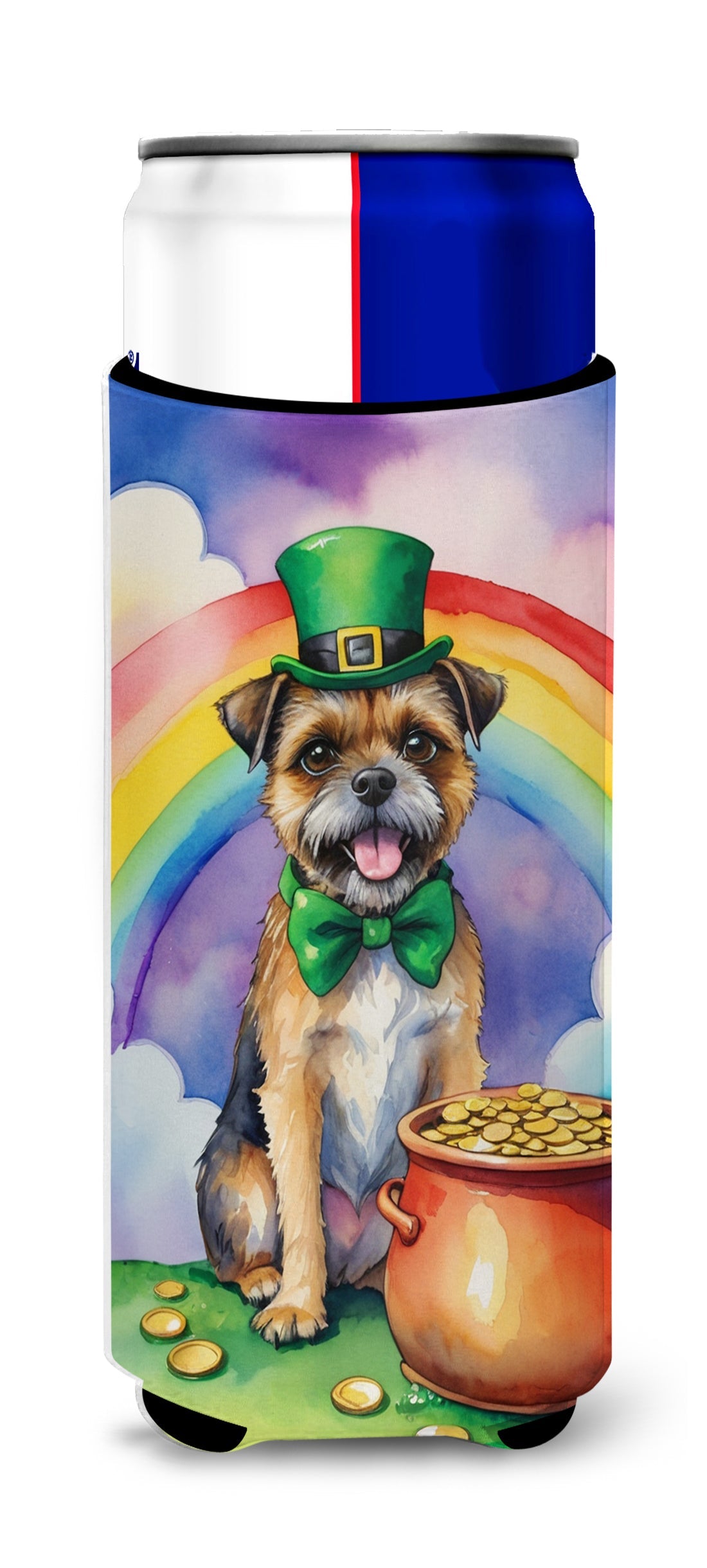 Border Terrier St Patrick's Day Slim Can Hugger , Insulated Foam Hugger for 12 oz Slim Cans, Beer Bottles & Water Bottles, Printed in USA