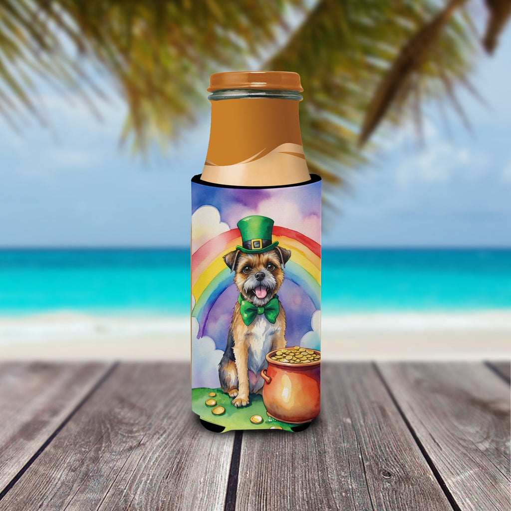 Border Terrier St Patrick's Day Slim Can Hugger , Insulated Foam Hugger for 12 oz Slim Cans, Beer Bottles & Water Bottles, Printed in USA