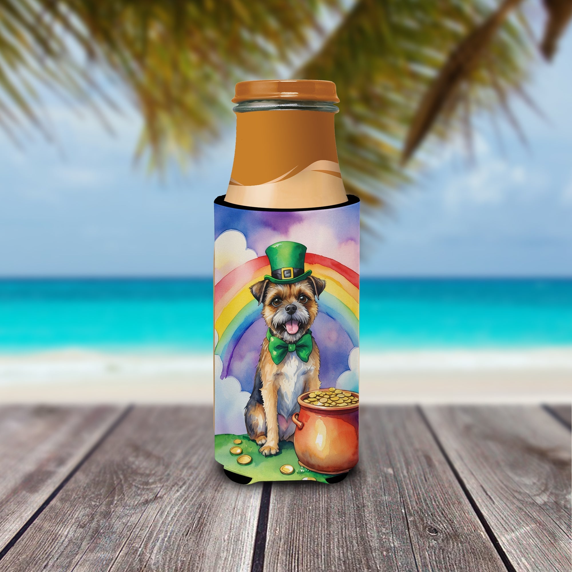 Border Terrier St Patrick's Day Slim Can Hugger , Insulated Foam Hugger for 12 oz Slim Cans, Beer Bottles & Water Bottles, Printed in USA