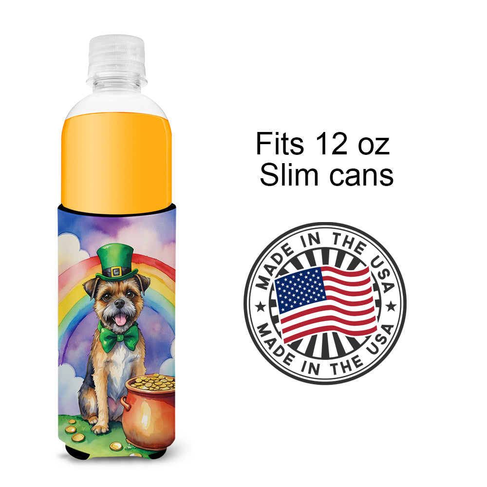Border Terrier St Patrick's Day Slim Can Hugger , Insulated Foam Hugger for 12 oz Slim Cans, Beer Bottles & Water Bottles, Printed in USA