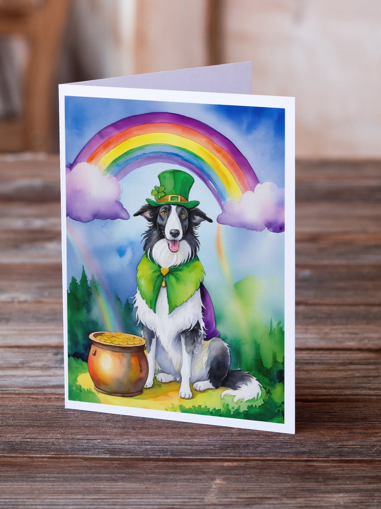 Borzoi St Patrick's Day Greeting Cards Pack of 8 Blank Cards with Envelopes Whimsical A7 Size 5x7