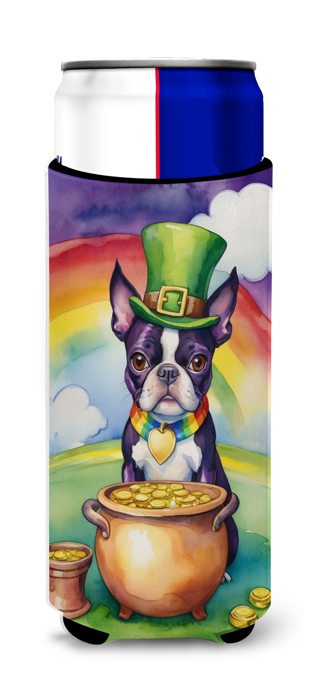 Boston Terrier St Patrick's Day Slim Can Hugger , Insulated Foam Hugger for 12 oz Slim Cans, Beer Bottles & Water Bottles, Printed in USA
