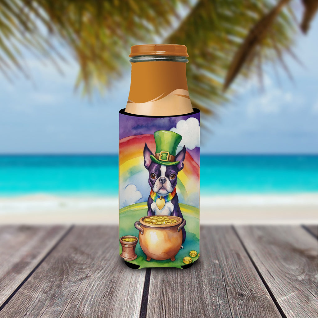 Boston Terrier St Patrick's Day Slim Can Hugger , Insulated Foam Hugger for 12 oz Slim Cans, Beer Bottles & Water Bottles, Printed in USA