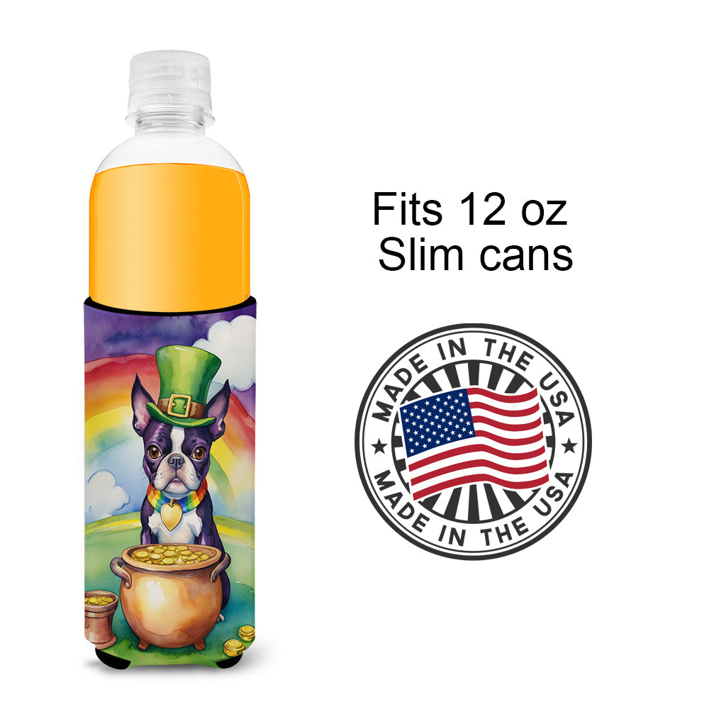 Boston Terrier St Patrick's Day Slim Can Hugger , Insulated Foam Hugger for 12 oz Slim Cans, Beer Bottles & Water Bottles, Printed in USA