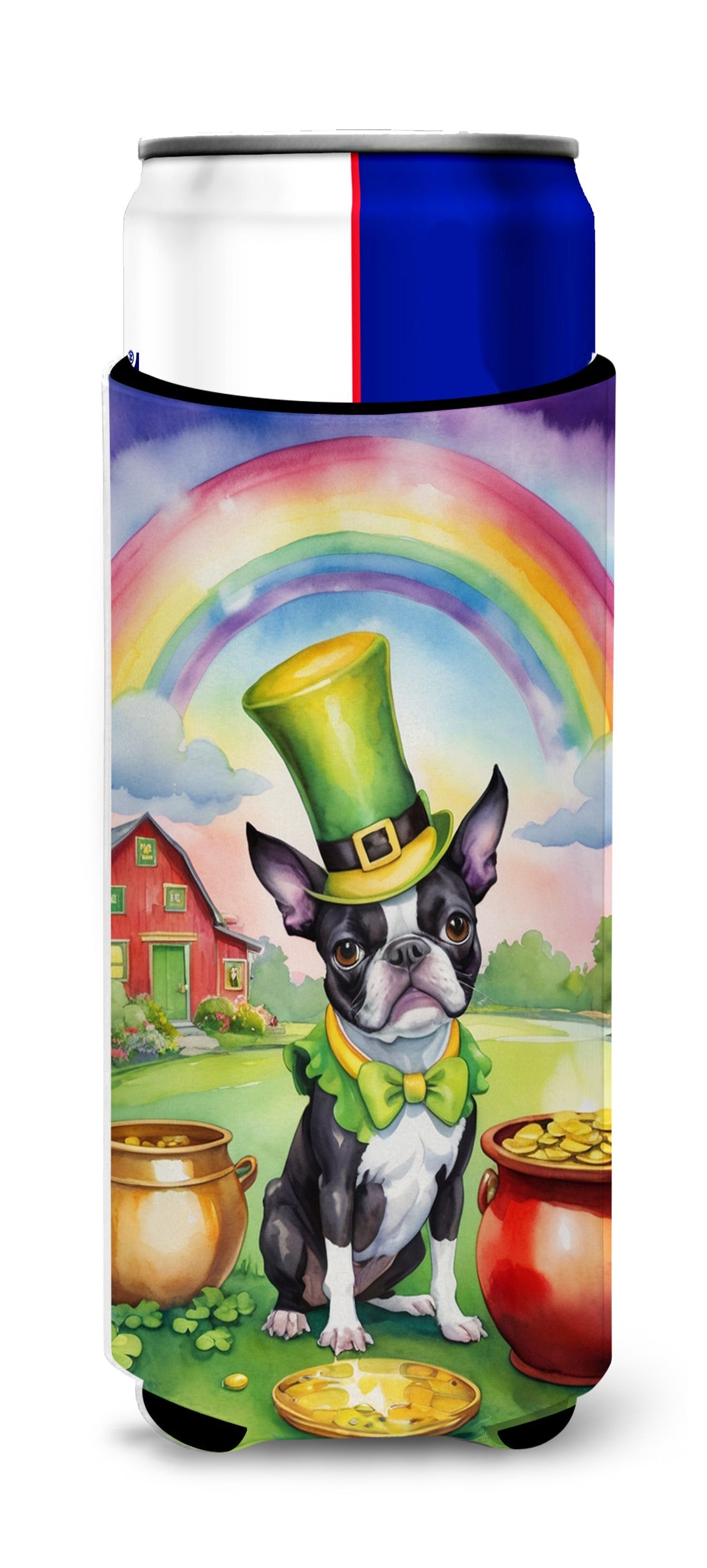 Boston Terrier St Patrick's Day Slim Can Hugger , Insulated Foam Hugger for 12 oz Slim Cans, Beer Bottles & Water Bottles, Printed in USA