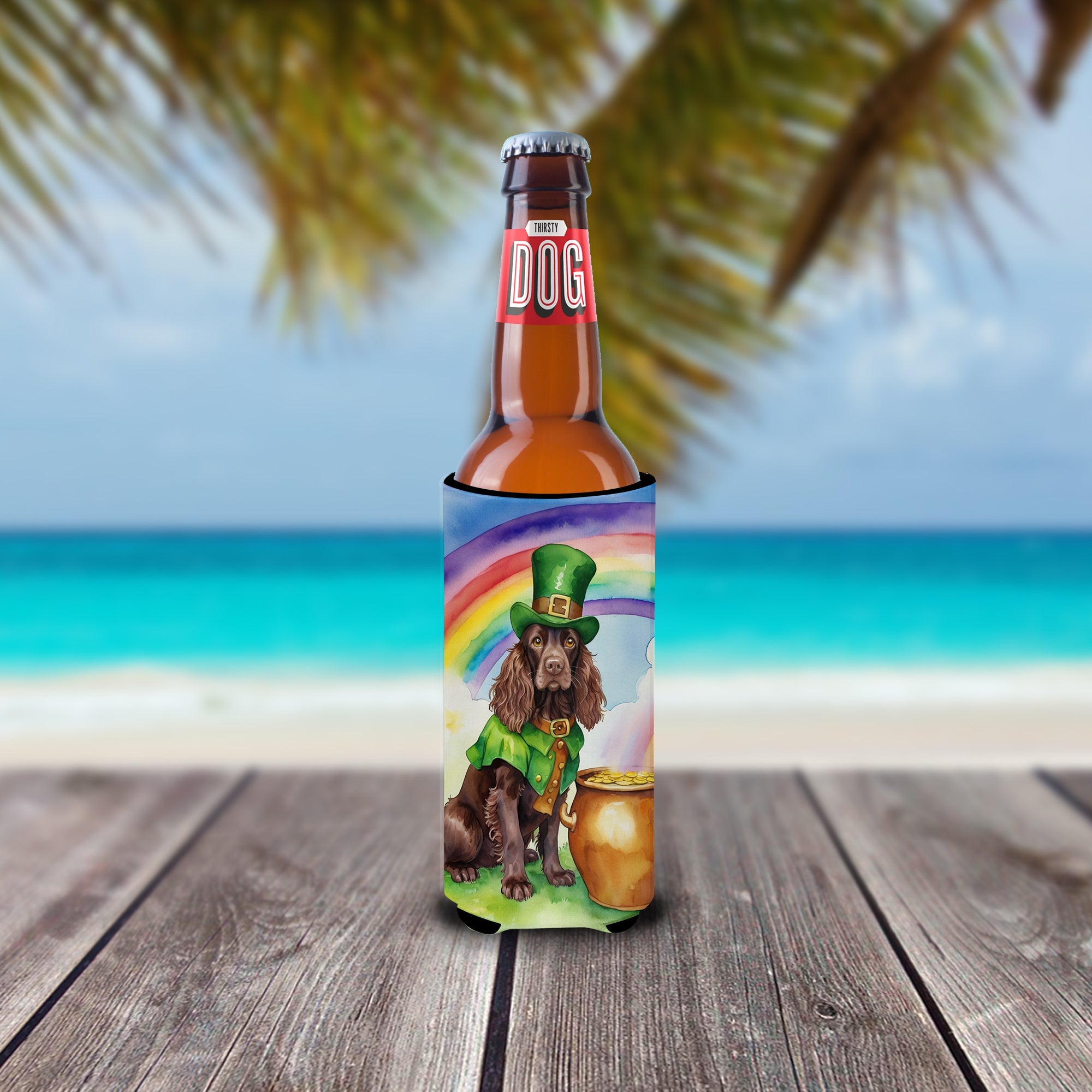 Boykin Spaniel St Patrick's Day Slim Can Hugger , Insulated Foam Hugger for 12 oz Slim Cans, Beer Bottles & Water Bottles, Printed in USA