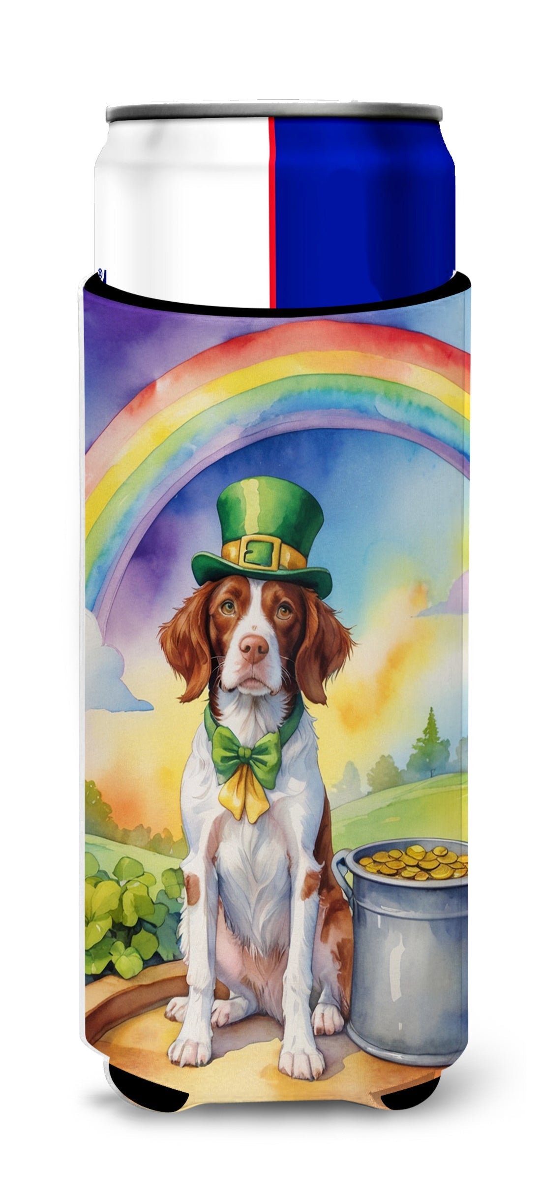 Brittany Spaniel St Patrick's Day Slim Can Hugger , Insulated Foam Hugger for 12 oz Slim Cans, Beer Bottles & Water Bottles, Printed in USA