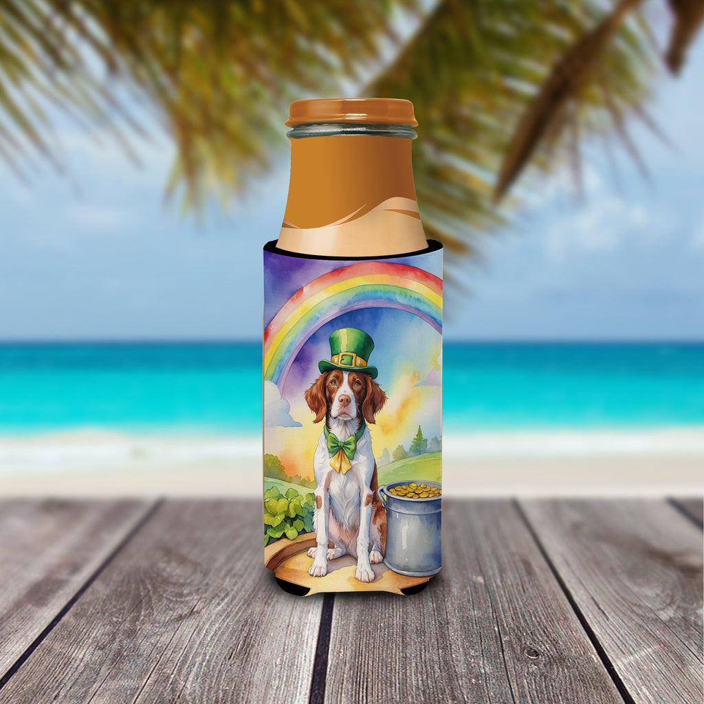Brittany Spaniel St Patrick's Day Slim Can Hugger , Insulated Foam Hugger for 12 oz Slim Cans, Beer Bottles & Water Bottles, Printed in USA