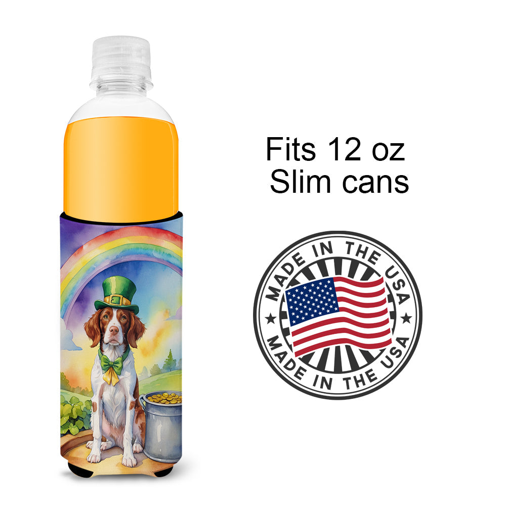Brittany Spaniel St Patrick's Day Slim Can Hugger , Insulated Foam Hugger for 12 oz Slim Cans, Beer Bottles & Water Bottles, Printed in USA