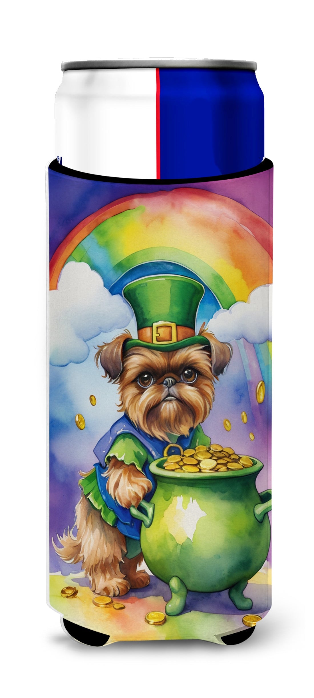 Brussels Griffon St Patrick's Day Slim Can Hugger , Insulated Foam Hugger for 12 oz Slim Cans, Beer Bottles & Water Bottles, Printed in USA