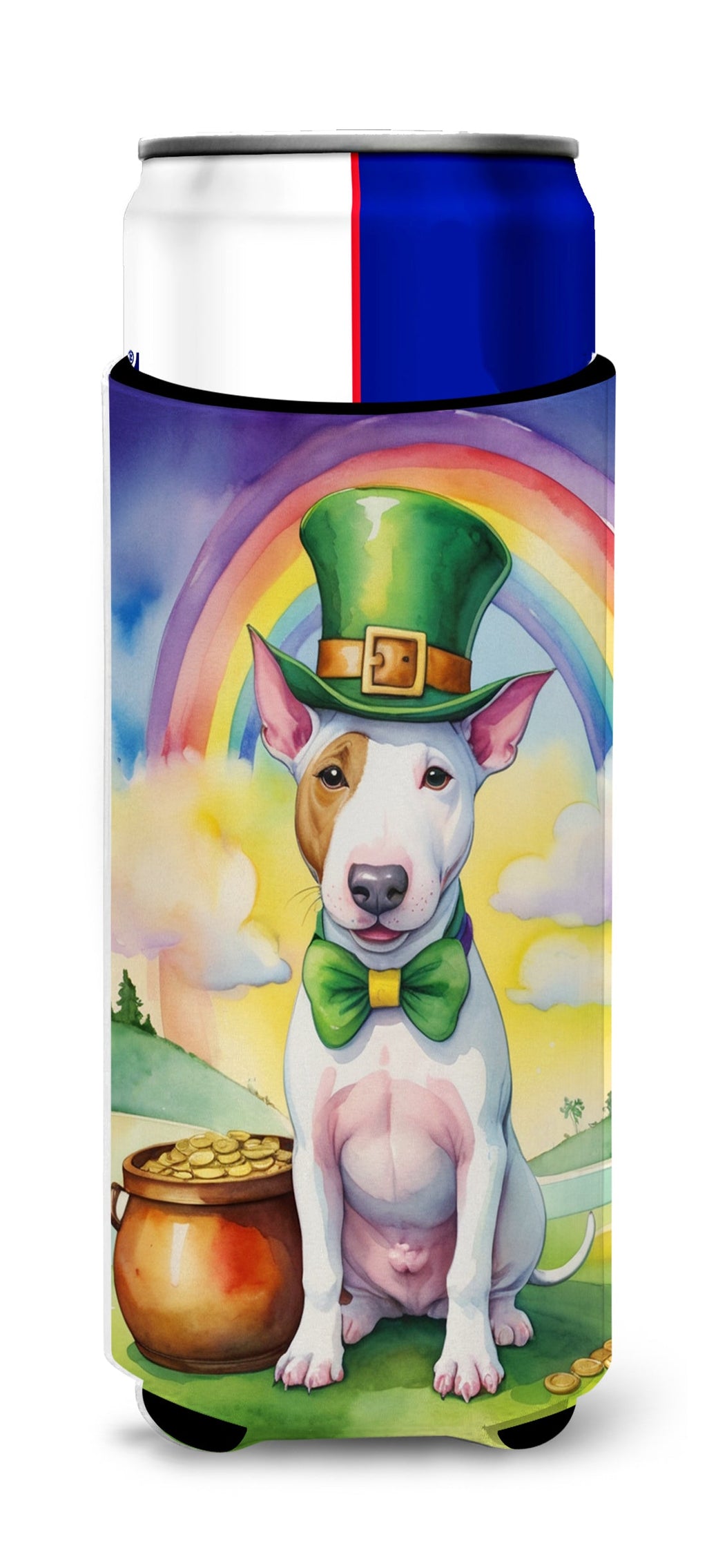Bull Terrier St Patrick's Day Slim Can Hugger , Insulated Foam Hugger for 12 oz Slim Cans, Beer Bottles & Water Bottles, Printed in USA