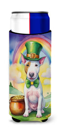 Bull Terrier St Patrick's Day Slim Can Hugger , Insulated Foam Hugger for 12 oz Slim Cans, Beer Bottles & Water Bottles, Printed in USA