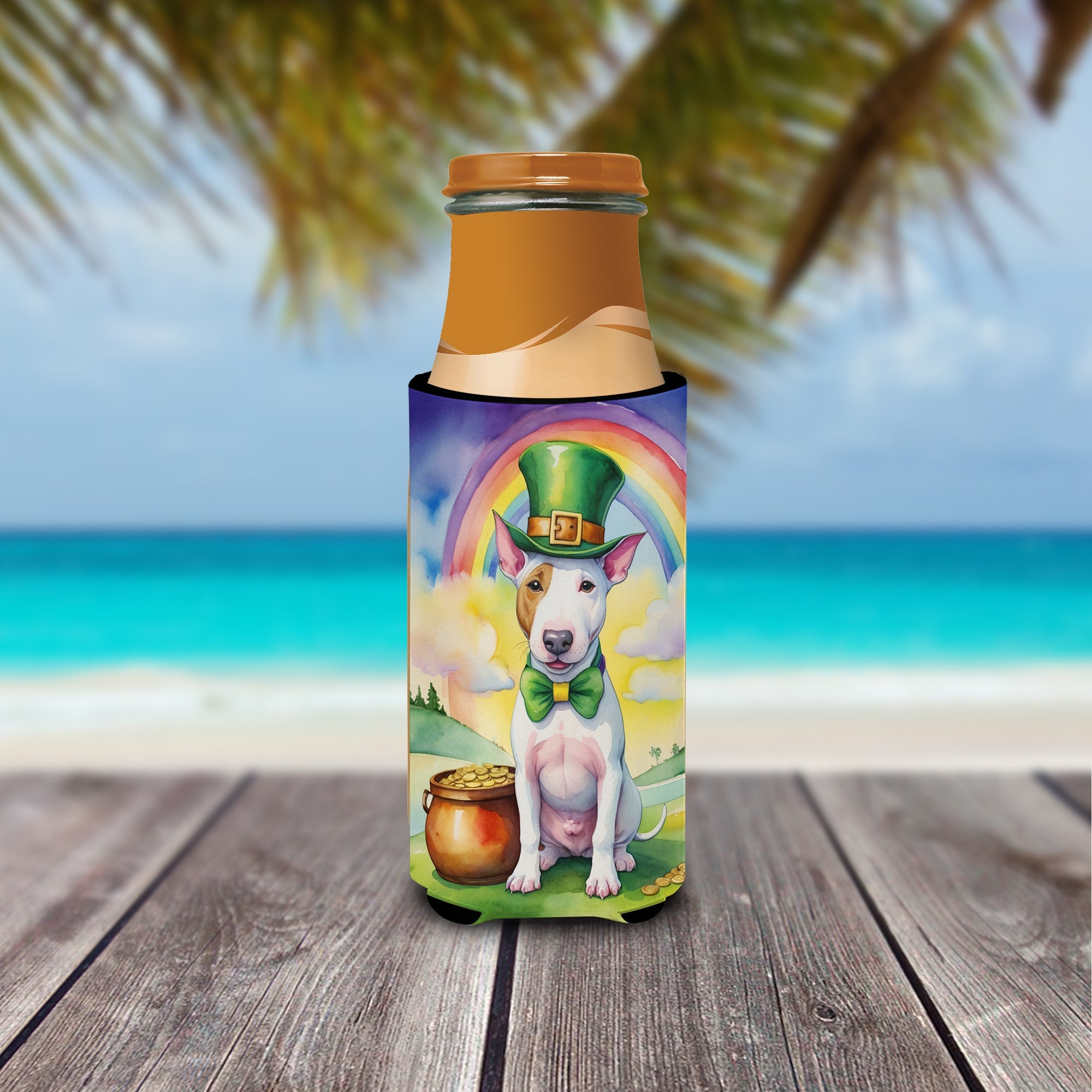 Bull Terrier St Patrick's Day Slim Can Hugger , Insulated Foam Hugger for 12 oz Slim Cans, Beer Bottles & Water Bottles, Printed in USA