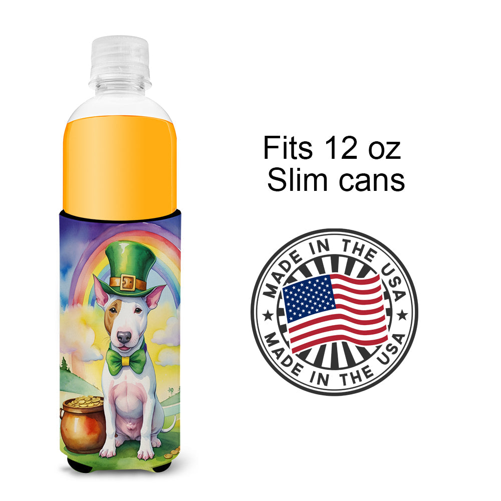 Bull Terrier St Patrick's Day Slim Can Hugger , Insulated Foam Hugger for 12 oz Slim Cans, Beer Bottles & Water Bottles, Printed in USA