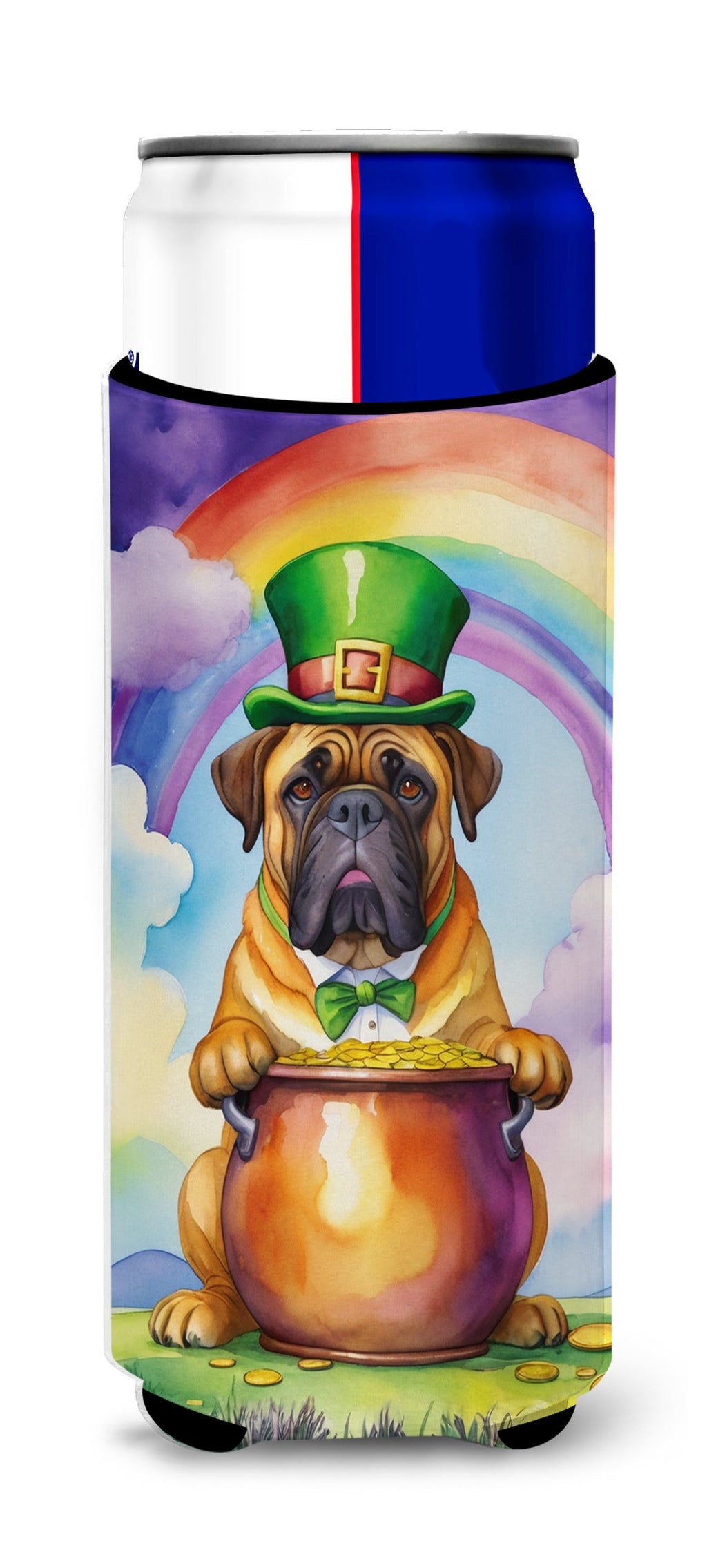 Bullmastiff St Patrick's Day Slim Can Hugger , Insulated Foam Hugger for 12 oz Slim Cans, Beer Bottles & Water Bottles, Printed in USA