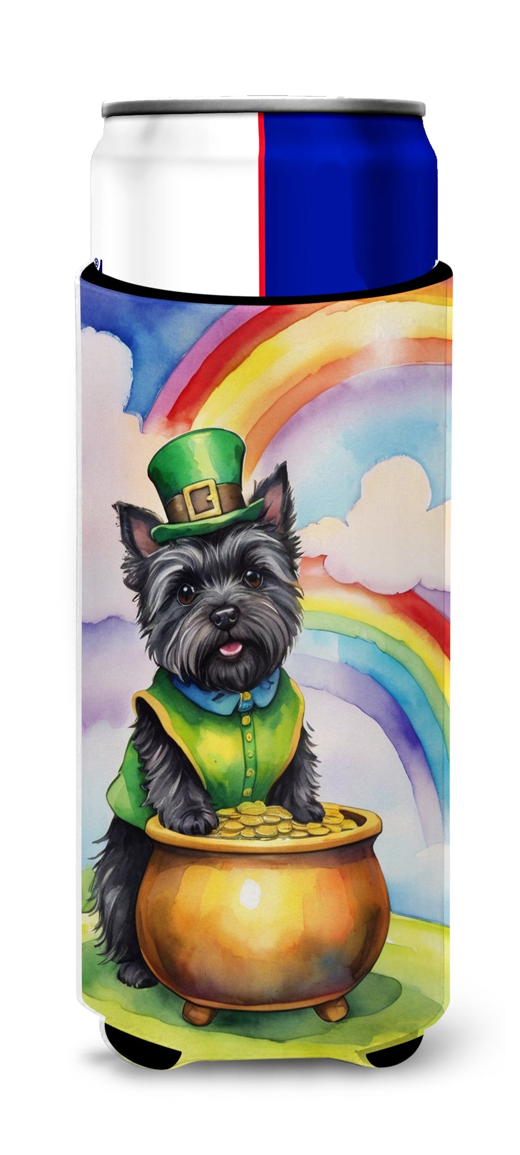 Cairn Terrier St Patrick's Day Slim Can Hugger , Insulated Foam Hugger for 12 oz Slim Cans, Beer Bottles & Water Bottles, Printed in USA