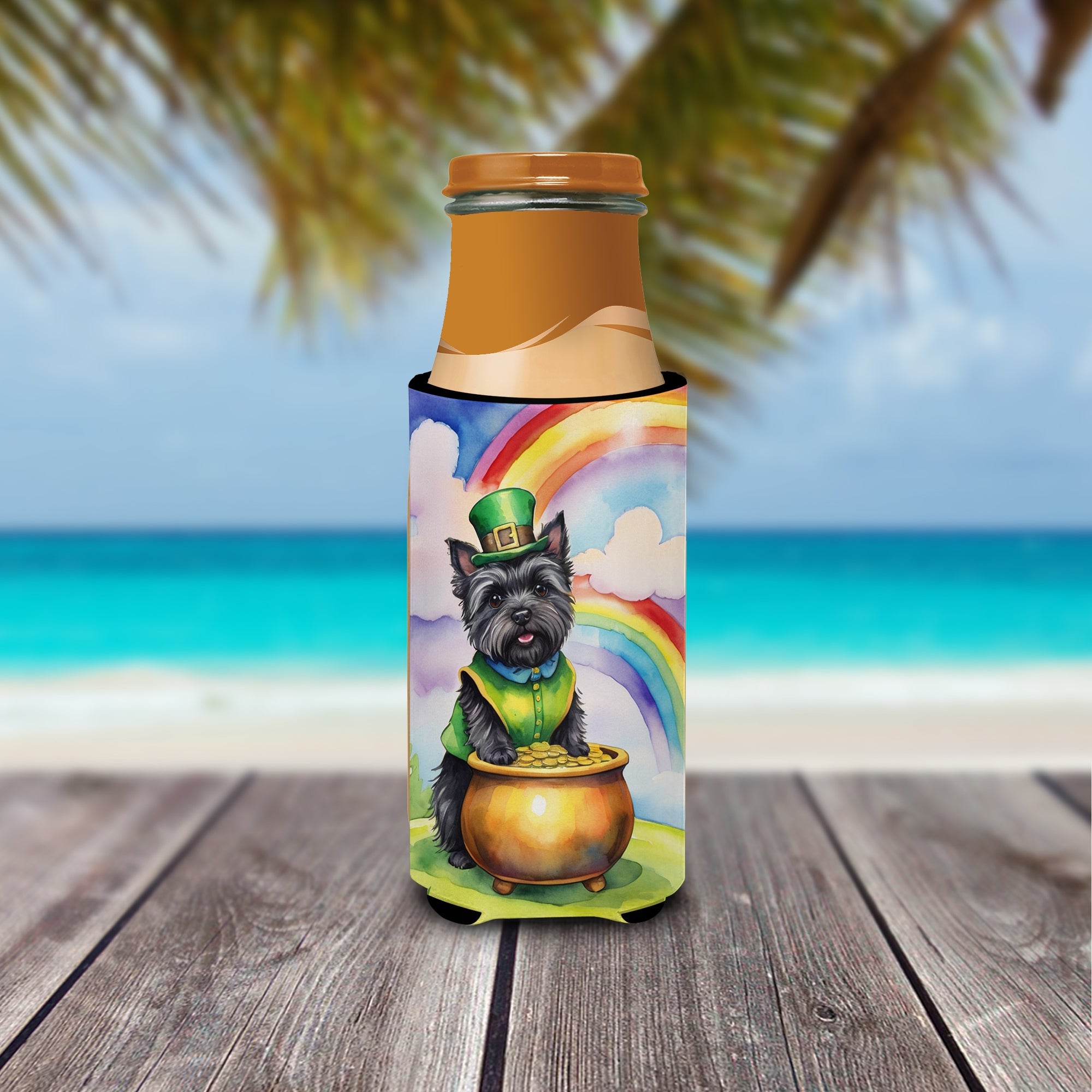 Cairn Terrier St Patrick's Day Slim Can Hugger , Insulated Foam Hugger for 12 oz Slim Cans, Beer Bottles & Water Bottles, Printed in USA