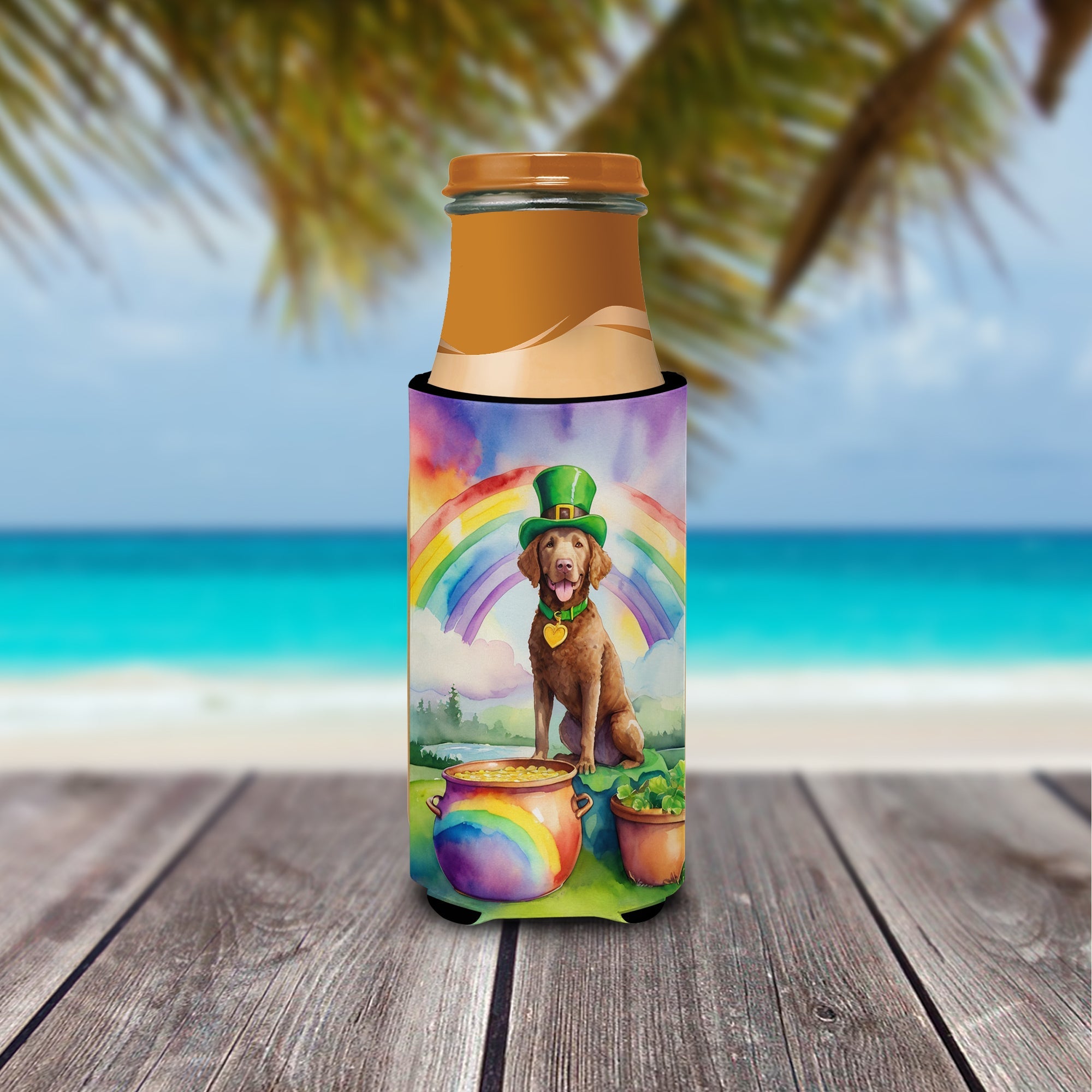 Chesapeake Bay Retriever St Patrick's Day Slim Can Hugger , Insulated Foam Hugger for 12 oz Slim Cans, Beer Bottles & Water Bottles, Printed in USA