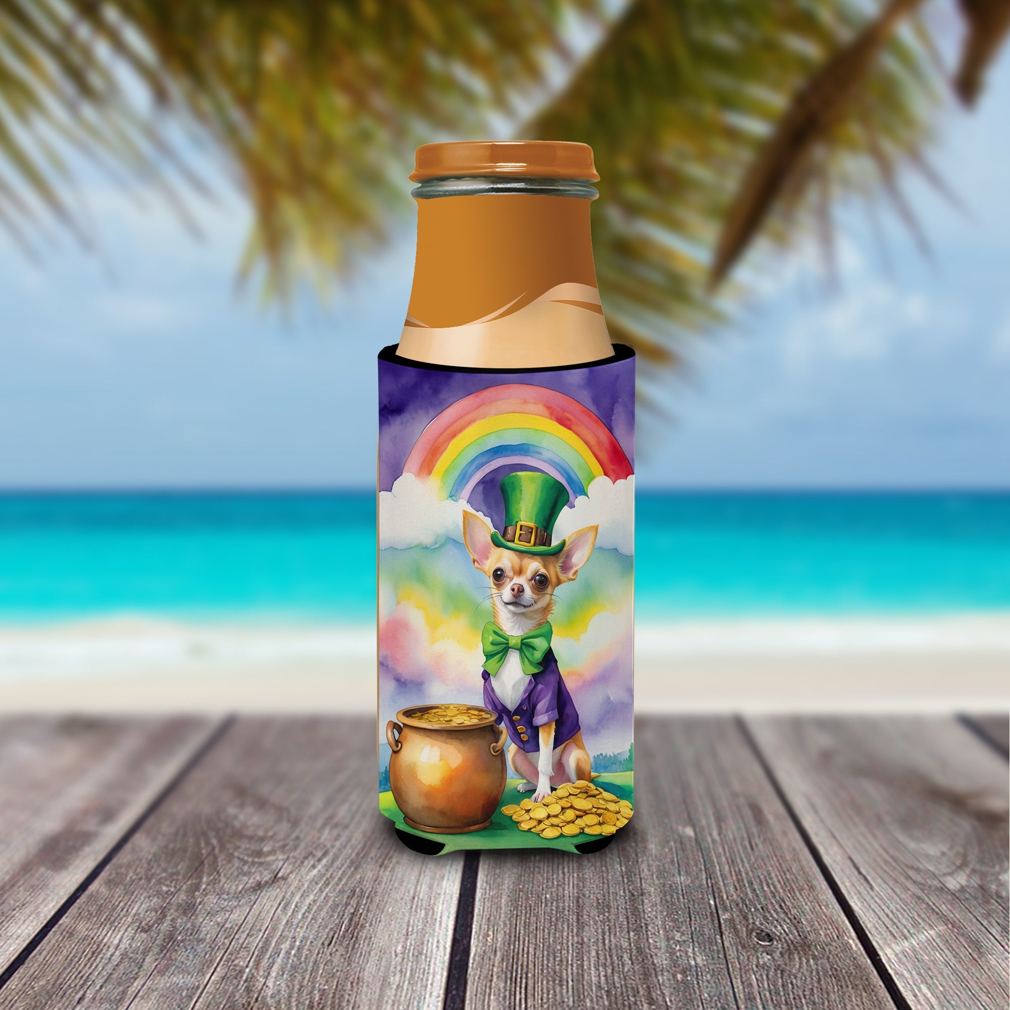 Chihuahua St Patrick's Day Slim Can Hugger , Insulated Foam Hugger for 12 oz Slim Cans, Beer Bottles & Water Bottles, Printed in USA