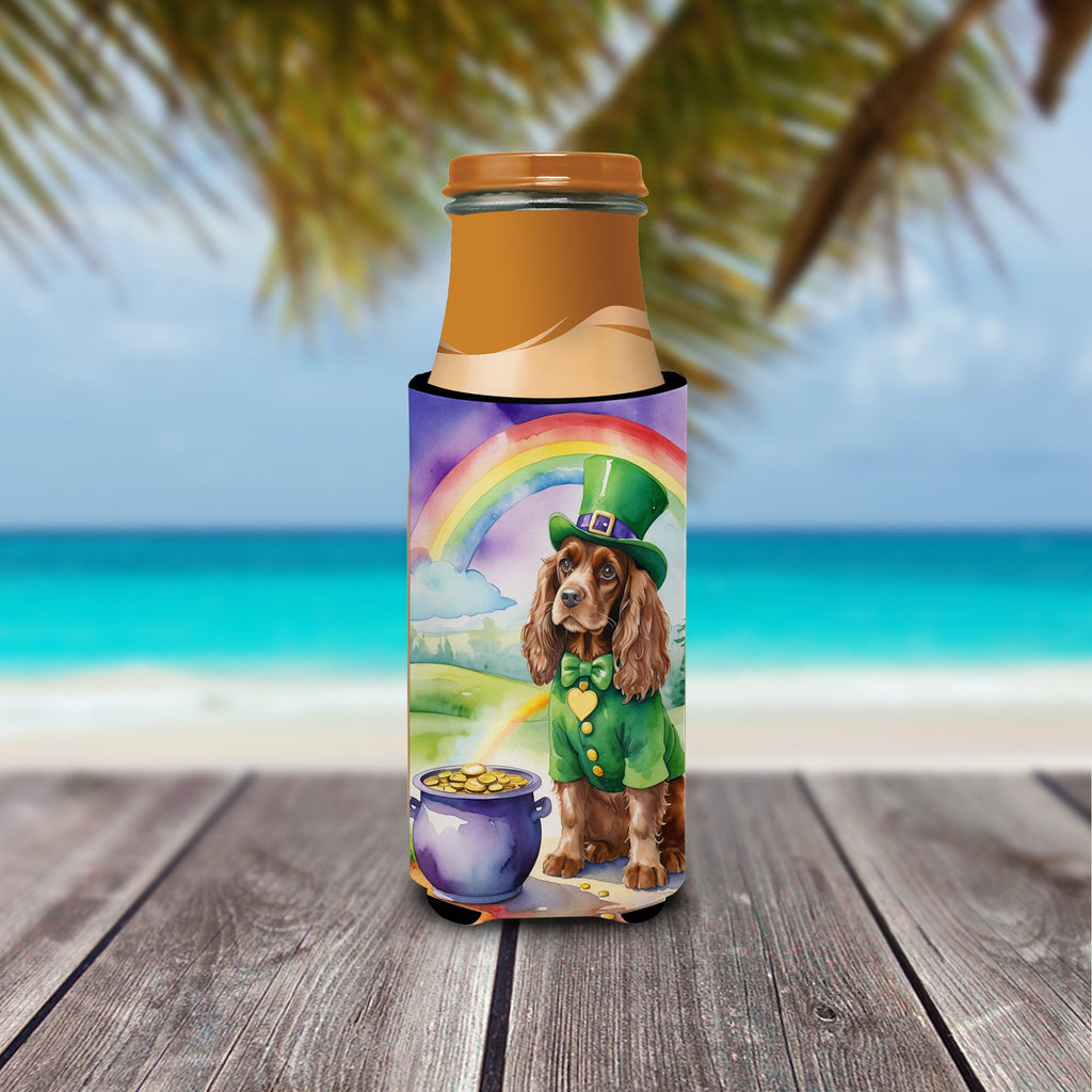 Cocker Spaniel St Patrick's Day Slim Can Hugger , Insulated Foam Hugger for 12 oz Slim Cans, Beer Bottles & Water Bottles, Printed in USA