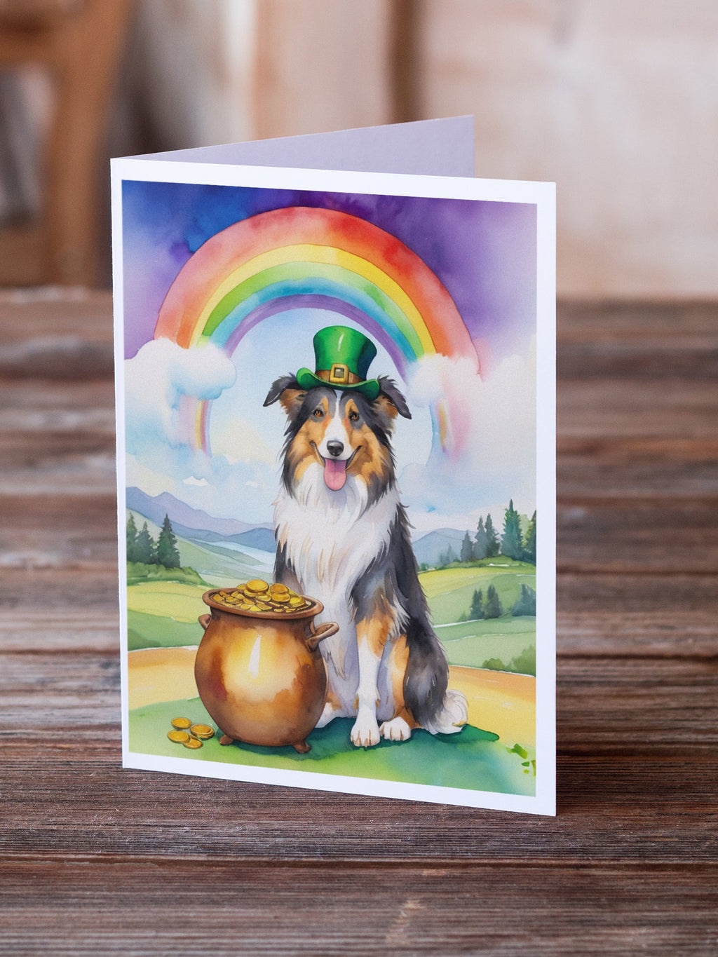 Collie St Patrick's Day Greeting Cards Pack of 8 Blank Cards with Envelopes Whimsical A7 Size 5x7