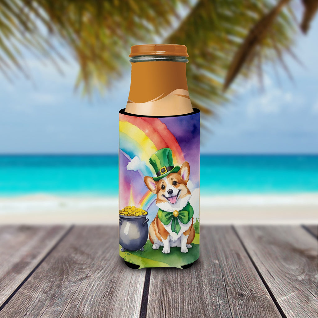 Corgi St Patrick's Day Slim Can Hugger , Insulated Foam Hugger for 12 oz Slim Cans, Beer Bottles & Water Bottles, Printed in USA